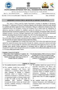 Admission Notice For B. Arch For Academic Year 2025-26